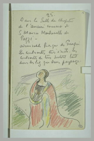 Figure agenouillée dans un paysage et notes manuscrites