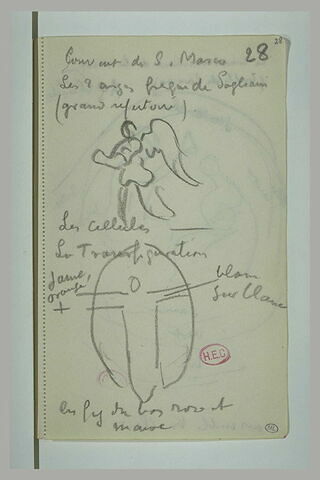 Croquis d'un ange, d'une Transfiguration et notes manuscrites