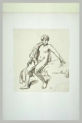 Femme nue, assise, de face, un linge sur l'épaule droite