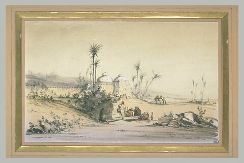 Paysage oriental avec une ville fortifiée, et divers personnages assis