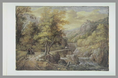 Paysage montagneux : torrent, pont de bois, cavaliers et passants