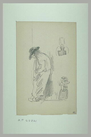 Homme appuyé à un mur ; buste de fillette ; petite fille de profil