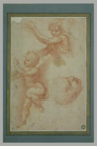 Ange vu en buste de trois quarts ; enfant nu, assis ; tête d'enfant