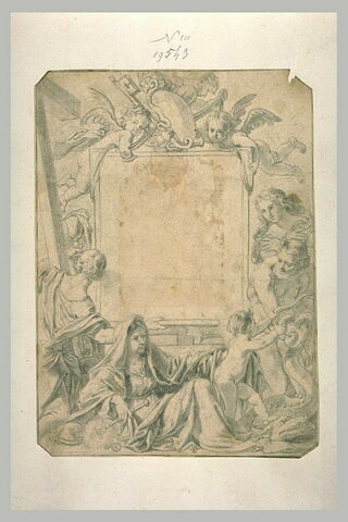 Figures allégoriques, et anges, autour d'un cartouche