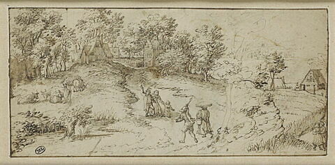 Paysage de campagne avec des vaches paissant et des personnages