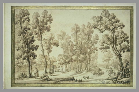 Paysage boisé animé de personnages avec, au centre, une allée d'arbres, image 2/2