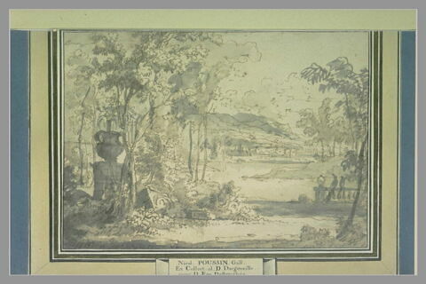 Paysage avec cours d'eau et ruines cachées par des arbres