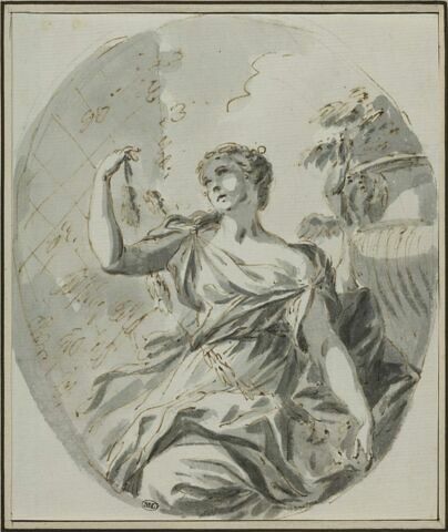 Jeune femme drapée et couronnée de fleurs, tenant une guirlande ; derrière..