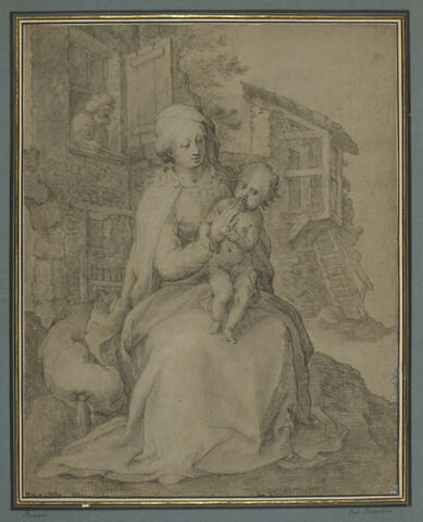 La Vierge et l'Enfant devant une chaumière, avec saint Joseph à la fenêtre