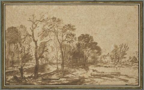 Paysage avec trois habitations rustiques entourées d'arbres
