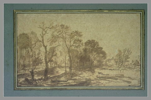Paysage avec trois habitations rustiques entourées d'arbres, image 2/2