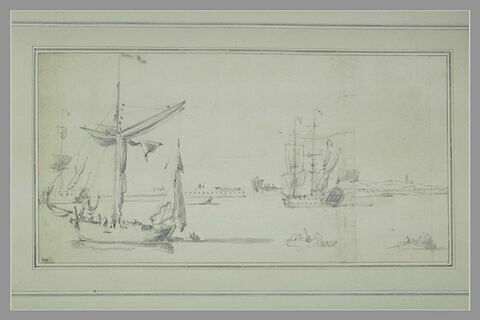 Barque à voiles et deux trois-mâts à l'ancre