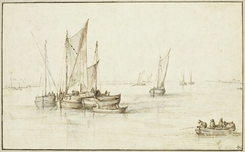 Barques et canots au milieu d'un fleuve