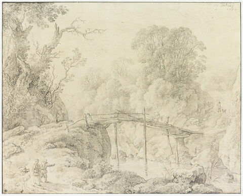 Paysage, bois et ruisseau, avec une passerelle, et des personnages