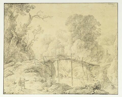 Paysage, bois et ruisseau, avec une passerelle, et des personnages, image 3/3