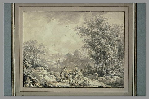 Paysage montagneux et boisé, avec deux hommes, une femme et deux mulets