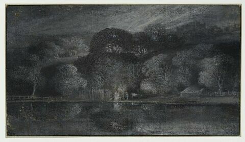 Paysage de nuit, avec des arbres et des maisons au bord de l'eau