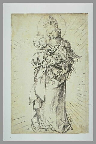 La Vierge couronnée, debout sur un croissant, portant l'Enfant Jésus, image 2/2