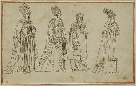 Feuille de quatre études de costumes de femmes