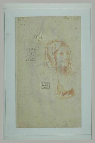 Tête de femme, de trois quarts vers la droite, coiffée d'un voile, et reprise du cou, image 2/2