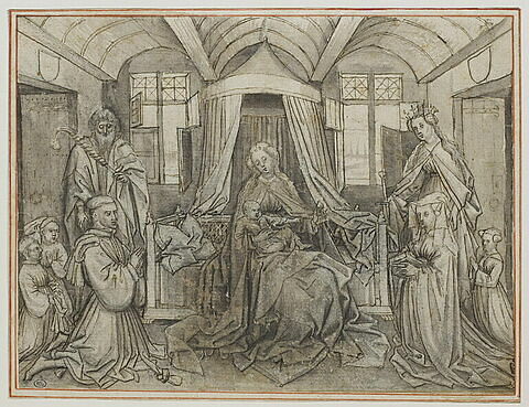 Adoration de la Vierge et l'Enfant par un donateur et sa famille présentés par saint Jacques (?) et sainte Catherine