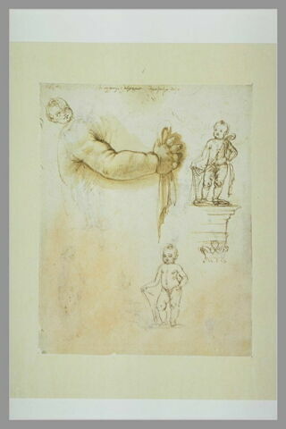 Tête et bras d'enfant ; deux études pour putti tenant un écu, debout sur un entablement, image 2/2