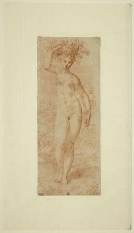 Femme nue, debout, portant une corbeille de fleurs sur la tête