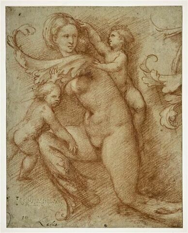 Figure de femme nue dont les pieds et les mains se terminent en feuilles d'ornements, accompagnée de deux putti