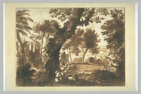 Paysage avec un temple derrière des arbres, image 2/2