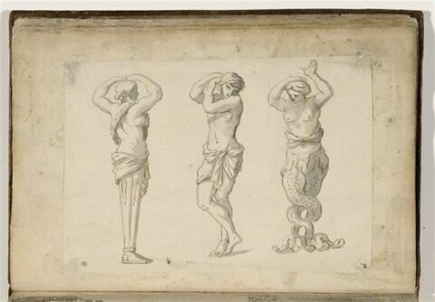 Trois figures d'après des sculptures : terme, figure masculine demi-nue, ...