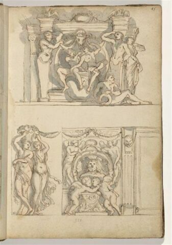 Trois études de motifs décoratifs avec termes, ignudi, putti et couple de...