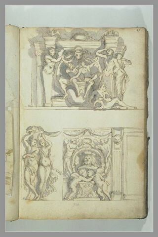 Trois études de motifs décoratifs avec termes, ignudi, putti et couple de..., image 2/2