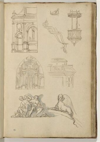 Etudes d'architecture, de chaires et de motifs décoratifs (figures assises..