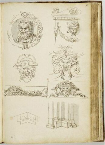 Etudes de motifs décoratifs : mascarons, groupe de colonnes