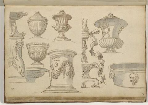 Etudes de motifs décoratifs : vases, cuve, autel et candélabres