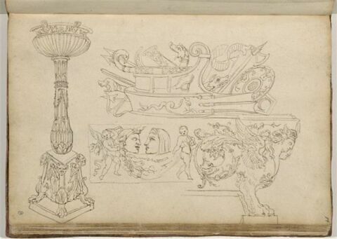 Motifs décoratifs : torchère ; trophée naval ; bas-relief avec putti et ...