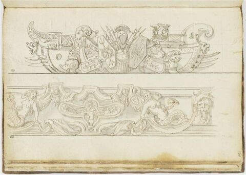 Etudes de trophées et de motifs décoratifs avec des sirènes, image 1/2