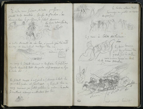 Croquis d'arabes et de paysage, note manuscrite