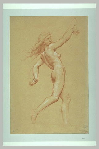 Femme nue, courant, tournée vers la droite