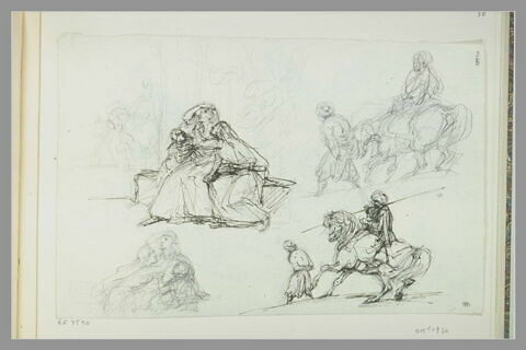 Etudes d'une femme pleurant et d'un cavalier précédé d'un homme à pied