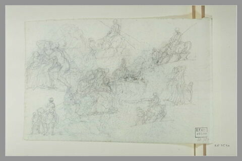 Etudes d'une femme pleurant et d'un cavalier précédé d'un homme à pied