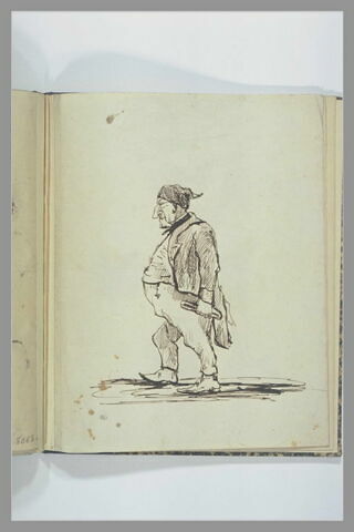 Homme, en habit, un foulard sur la tête, tenant un petit pain