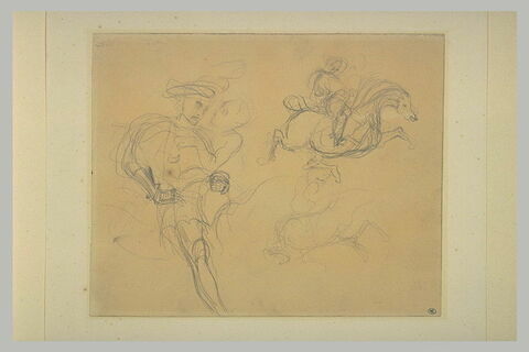 Etudes de cavalier galopant, une figure volant à ses cotés, image 2/2