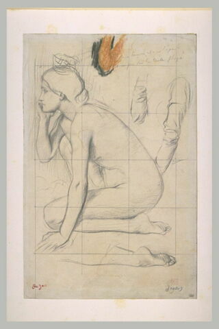 Femme nue agenouillée et études de manches et de pieds, image 2/2