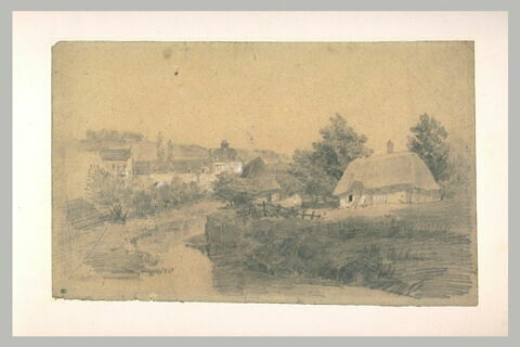 Paysage de Normandie, avec un village traversé d'un cours d'eau