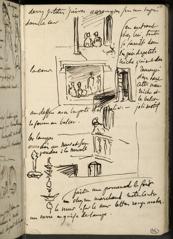 Croquis de cours, de portes, de balustrades avec personnages, et des lampes