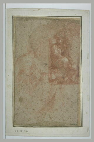 Etude d'une figure assise dans une niche et putto volant ; figure de profil