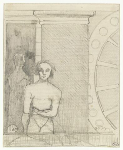 Homme nu, vu de face, devant un mur, et grande roue sur la droite