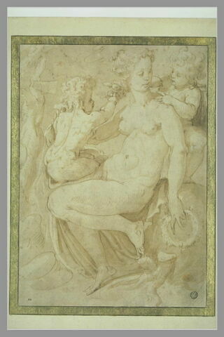 Une femme nue assise entre deux putti