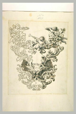 Etude d'ornement : cartouche rocaille avec putti, oiseau, serpent